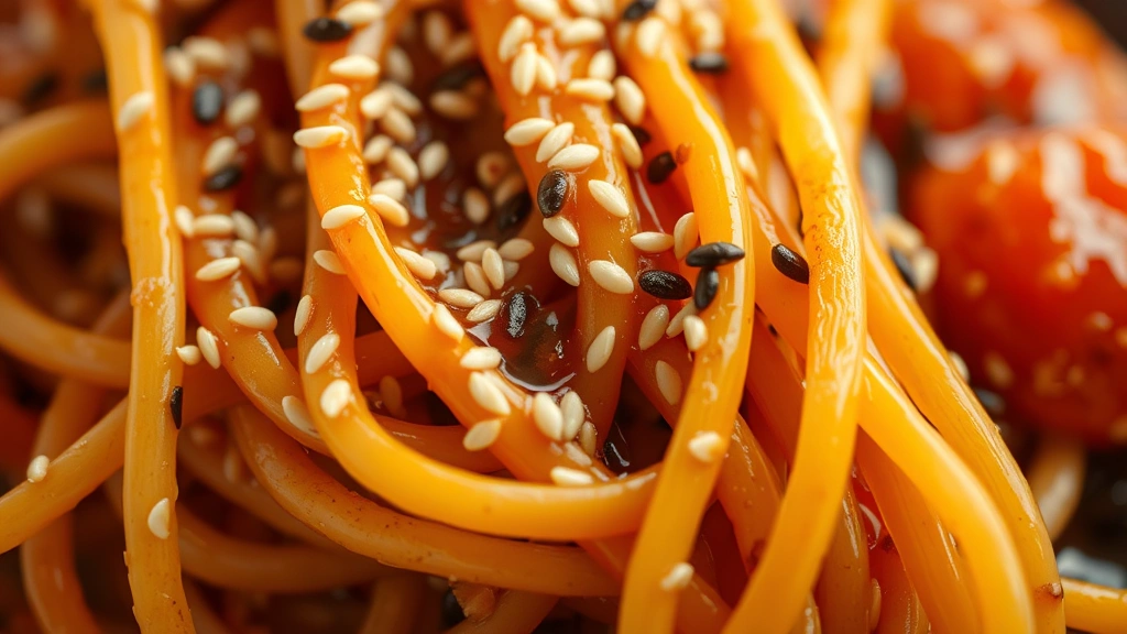 detail: close-up of noodle texture with sesame seeds and sauce coating, shallow depth of field, photorealistic, natural light, no text, 1:1