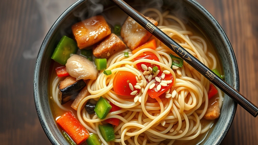 hero: steaming bowl of Asian noodles with vegetables and protein, colorful vegetables, sesame seeds garnish, chopsticks resting on bowl, photorealistic, natural daylight, no text, overhead angle showing noodle texture