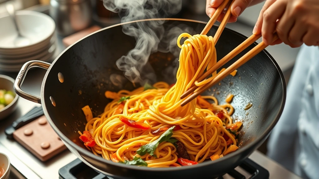 process: wok with noodles being tossed with sauce, steam rising, vegetables visible, chef's hands with chopsticks or tongs stirring, photorealistic, warm kitchen lighting, no text