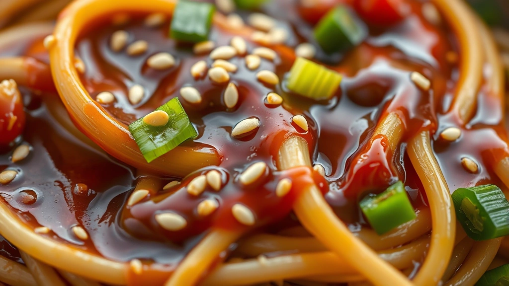 detail: close-up macro shot of individual noodles coated with glossy sauce, sesame seeds, green onion pieces, ginger visible, photorealistic, shallow depth of field, natural light, no text