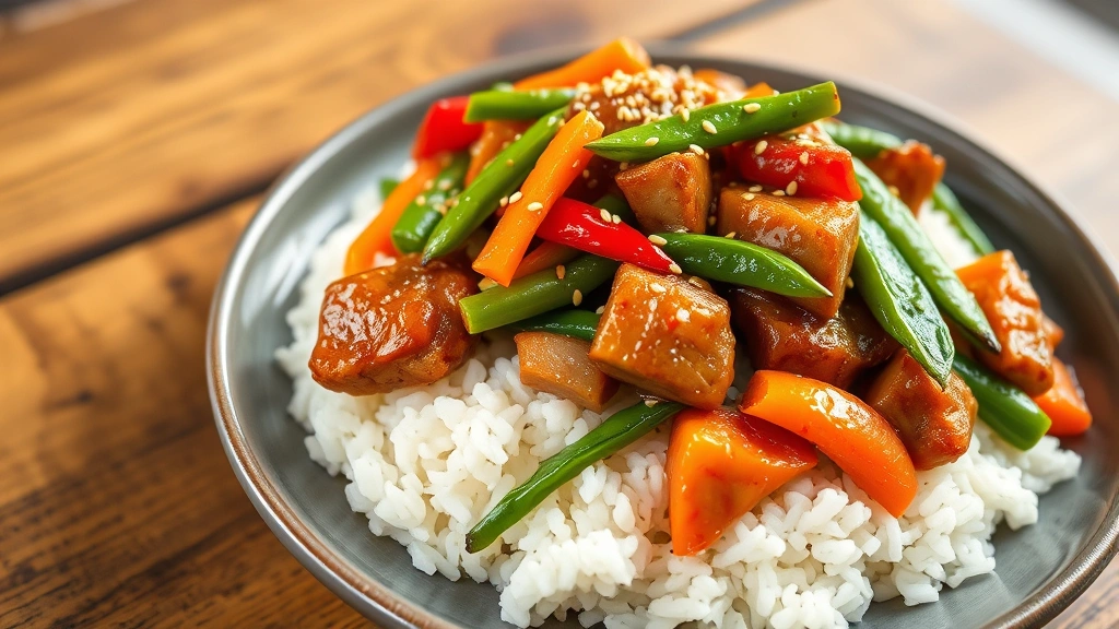 hero: vibrant Asian pork stir-fry with bell peppers, snap peas, and carrots over white rice, glistening sauce coating, sesame seeds sprinkled on top, wooden table background, professional food photography, natural window lighting, no text, shallow depth of field