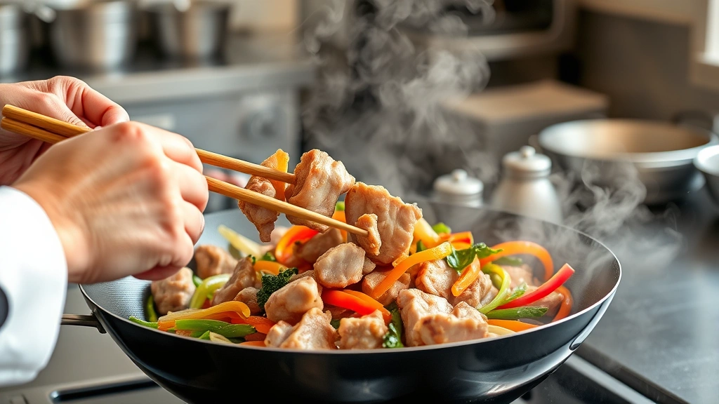 process: chef's hands tossing pork and colorful vegetables in a wok with cooking chopsticks, steam rising, vibrant colors, natural kitchen lighting, dynamic action shot, no text