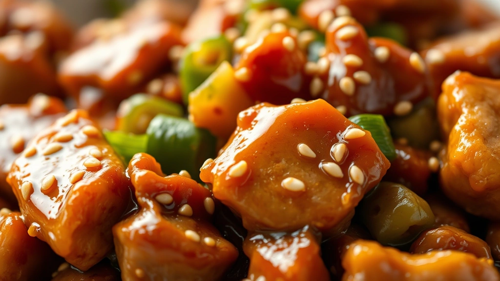 detail: close-up macro shot of finished pork stir-fry with glossy sauce coating, sesame seeds visible, green onions and ginger visible, shallow depth of field, warm natural lighting, no text