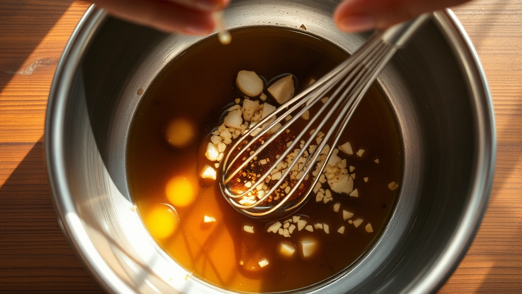 process: whisking ingredients in a stainless steel bowl, sesame oil drizzling down, ginger and garlic visible, hands in action, warm natural light from above