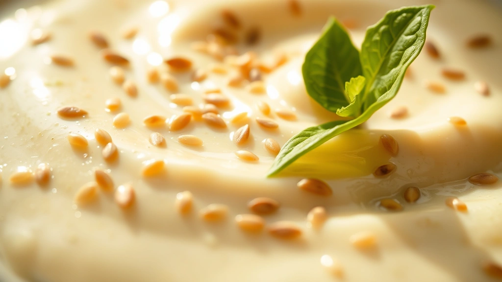 detail: close-up of finished dressing with sesame seeds sprinkled on top, creamy texture visible, single green leaf resting on edge, shallow depth of field, natural sunlight