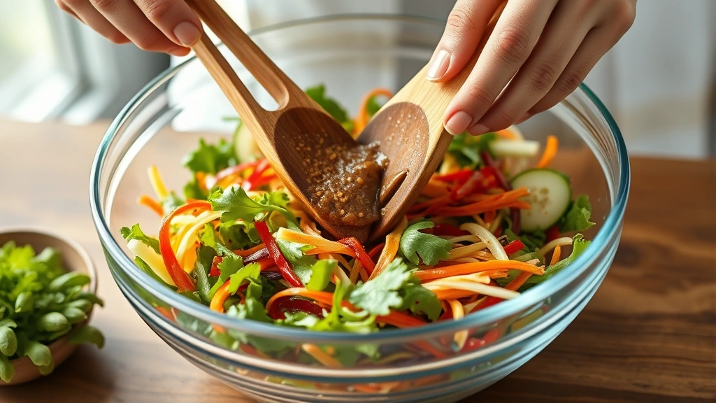 process: hands tossing colorful salad vegetables with sesame dressing using wooden tongs in large glass bowl, photorealistic, bright natural light, motion captured, no text