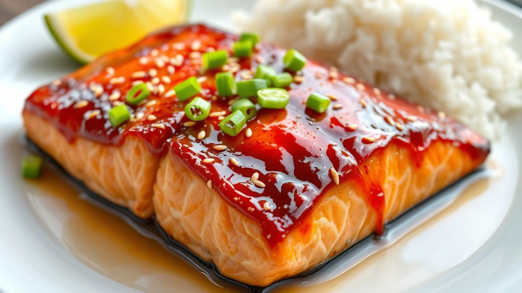hero: perfectly cooked Asian salmon fillet with glossy caramelized glaze, skin-side up, garnished with green onions and sesame seeds, served on white plate with lime wedge, steamed rice in background, photorealistic, natural window light, no text
