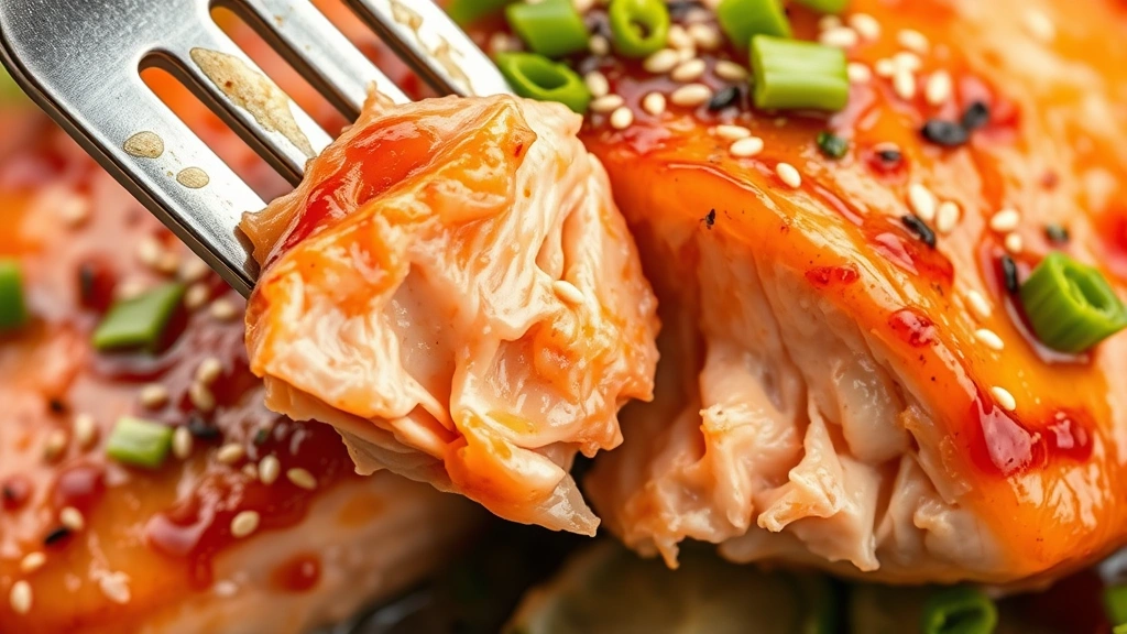 detail: close-up of cooked salmon flaking apart with fork showing moist flaky interior, glistening glaze, sesame seeds and green onion garnish, photorealistic, natural light, no text