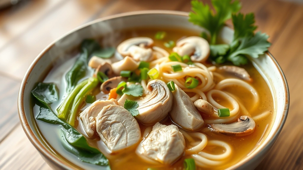 hero: steaming bowl of Asian soup with sliced chicken, bok choy, mushrooms, and noodles in clear golden broth, garnished with green onions and cilantro, photorealistic, natural light, no text