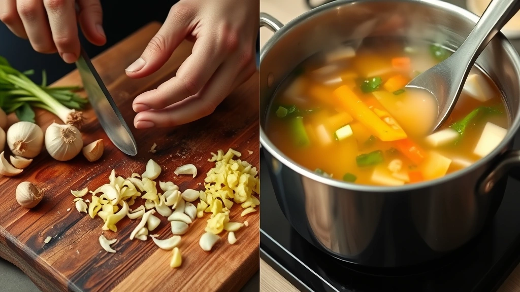 process: hands slicing fresh ginger and garlic on cutting board, pot of boiling broth with aromatic ingredients, vegetables being added to soup, photorealistic, natural light, no text