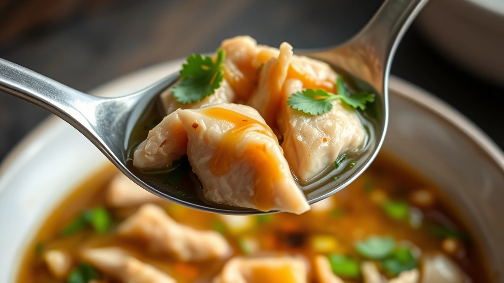 detail: close-up of single spoonful of soup showing tender chicken, fresh vegetables, and clear broth, sesame oil drizzle and cilantro garnish, photorealistic, natural light, no text