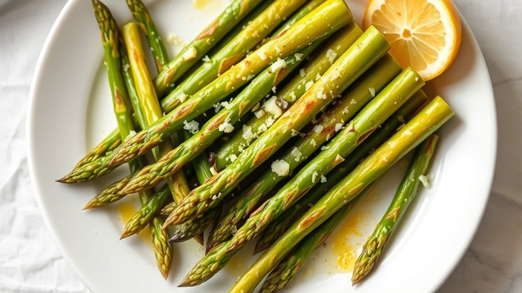 hero: golden pan-seared asparagus spears with crispy browned edges on a white plate, melted butter and minced garlic visible, garnished with fresh lemon and parmesan, photorealistic, natural window light, no text, top-down composition