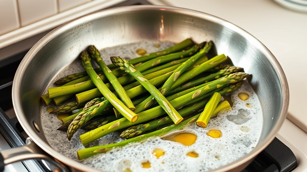 process: large stainless steel skillet with asparagus spears sizzling in foamy brown butter over medium-high heat, visible steam and golden edges, photorealistic, natural kitchen light, no text, side angle