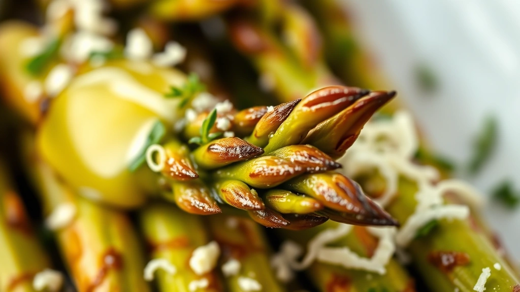 detail: close-up macro shot of crispy caramelized asparagus tip with melted butter, fresh thyme garnish, and grated parmesan cheese, photorealistic, natural light, shallow depth of field, no text