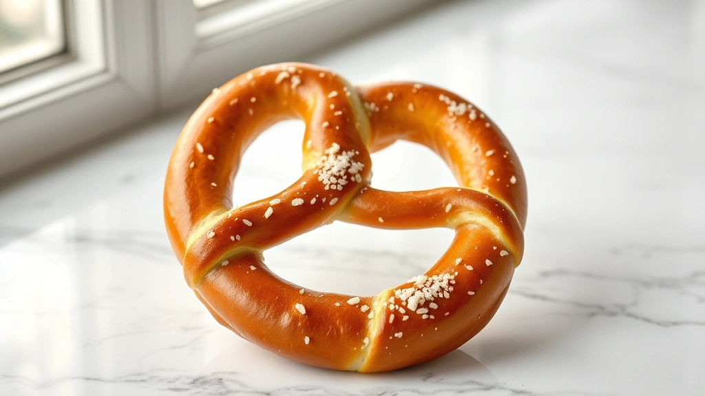 hero: golden-brown twisted Auntie Anne's style pretzel with coarse sea salt on top, fresh from the oven, warm steam rising, close-up on white marble surface with soft natural window light, pretzel perfectly shaped, photorealistic, no text