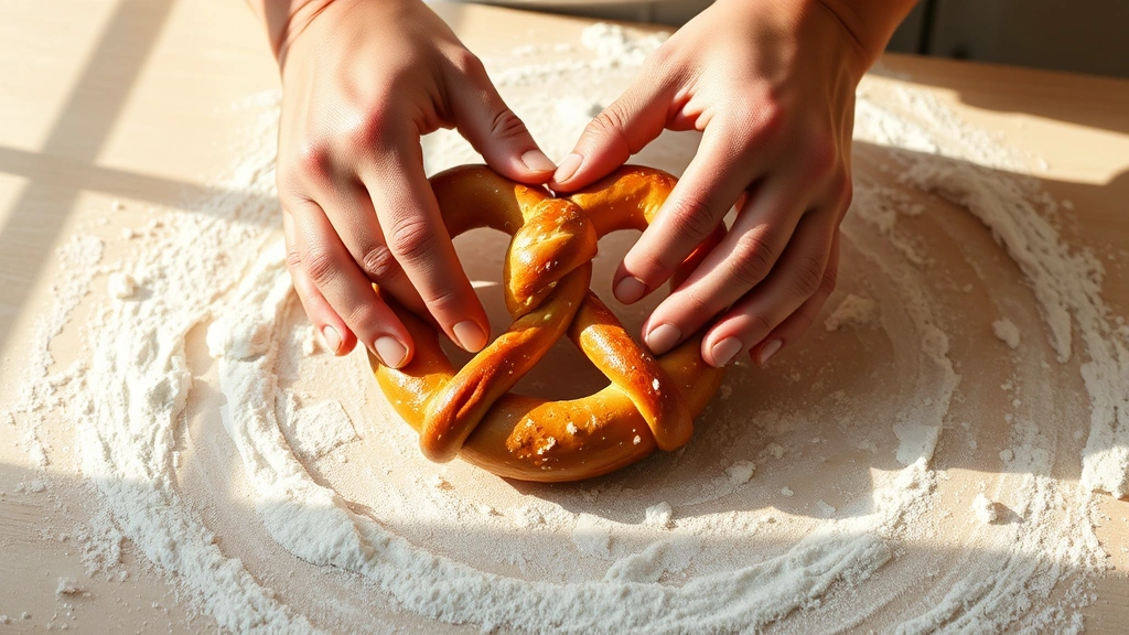 process: hands shaping pretzel dough into classic twisted pretzel form on floured work surface, mid-action shot, natural daylight streaming in, photorealistic, no text