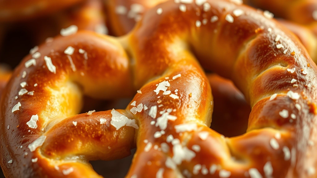 detail: close-up macro shot of pretzel surface showing golden-brown color, crunchy salt crystals, and chewy texture, shallow depth of field, warm natural lighting, photorealistic, no text