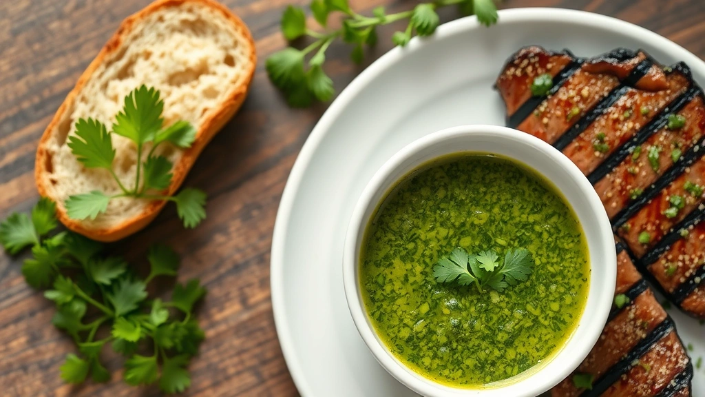 hero: vibrant green chimichurri sauce in a white ceramic bowl with crusty bread and grilled steak on the side, fresh parsley garnish, natural window light, overhead flat lay, rustic wooden table, no text