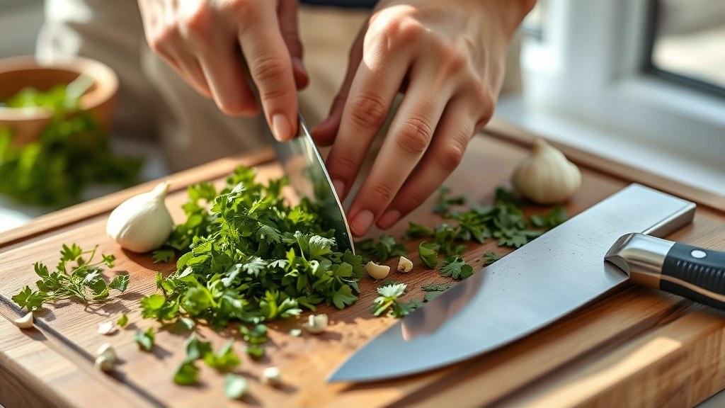 process: hands chopping fresh parsley and oregano on a wooden cutting board with garlic cloves and a chef's knife, bright natural daylight from window, close action shot, no text