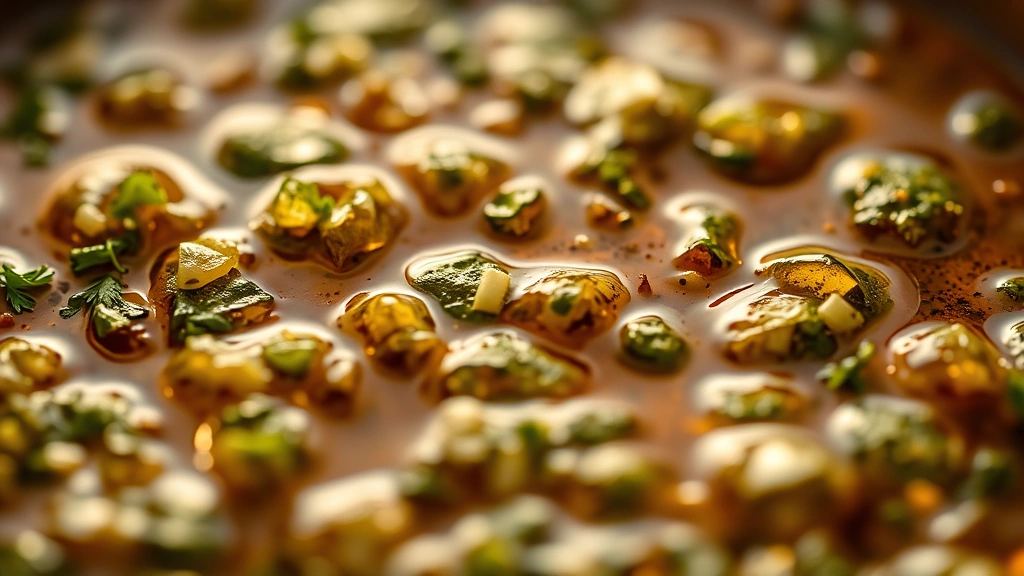 detail: close-up macro shot of chimichurri sauce showing texture of herbs, oil, and vinegar, shallow depth of field, golden hour lighting, fresh parsley leaves visible, no text