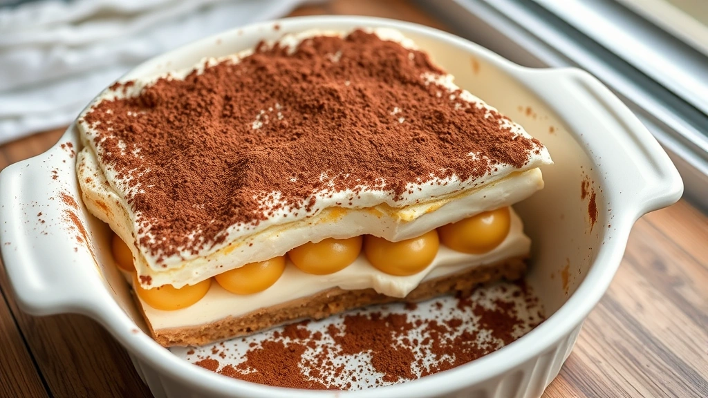 hero: finished tiramisu dessert in white baking dish, golden ladyfingers visible between layers of cream, cocoa powder dusted on top, dramatic overhead shot, natural window light, shallow depth of field