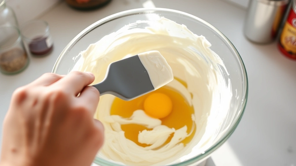 process: hands gently folding mascarpone cream mixture with rubber spatula, golden egg mixture being incorporated, bright kitchen counter, natural daylight, in-focus mixing bowl