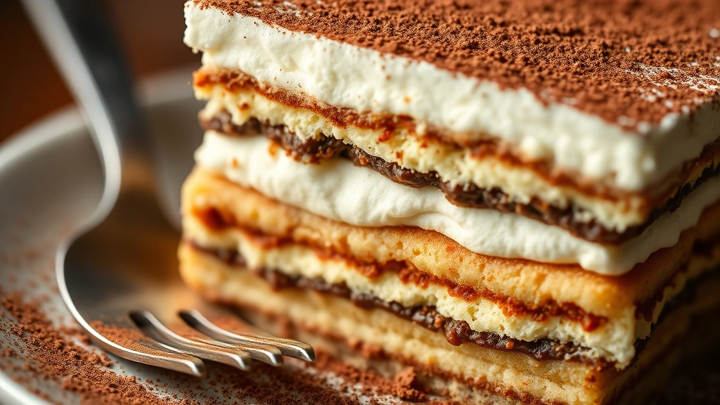 detail: close-up cross-section of tiramisu showing distinct layers of cream and espresso-soaked ladyfingers, cocoa powder dusting, fork placed beside, macro photography, warm natural lighting