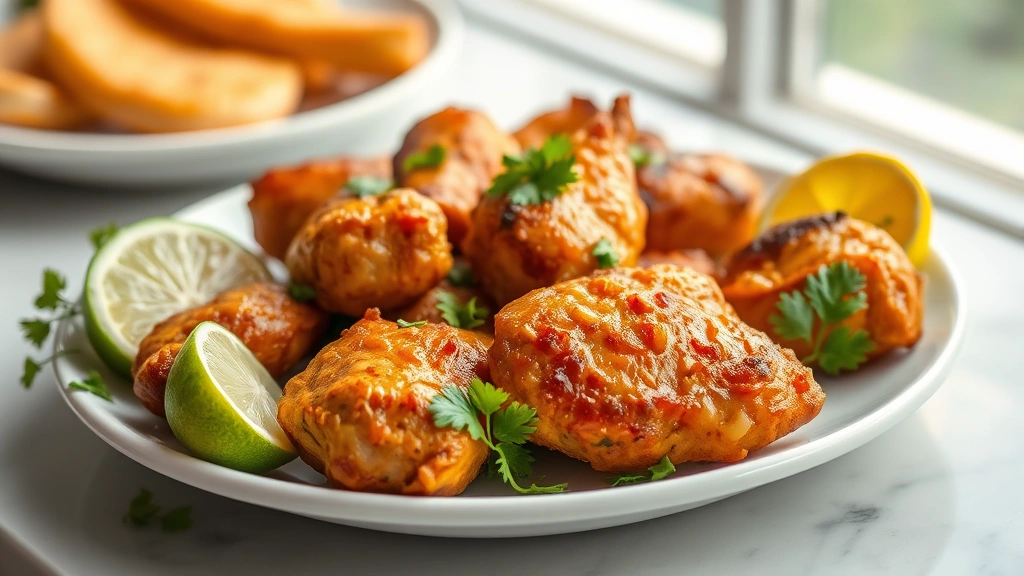 hero: golden-brown jerk chicken pieces on white plate with lime wedges and fresh herbs, photorealistic, natural window light, no text