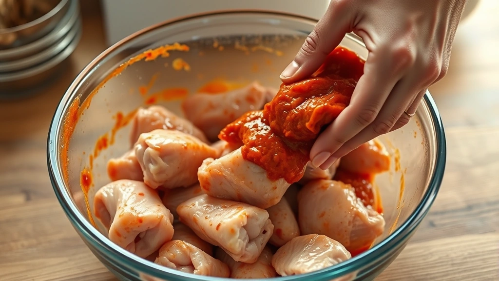 process: hands rubbing red-orange jerk paste onto raw chicken pieces in bowl, photorealistic, bright kitchen light, no text