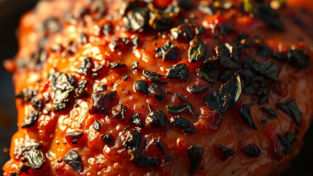 detail: close-up of charred, glistening jerk chicken skin with herbs visible, photorealistic, warm golden light, no text