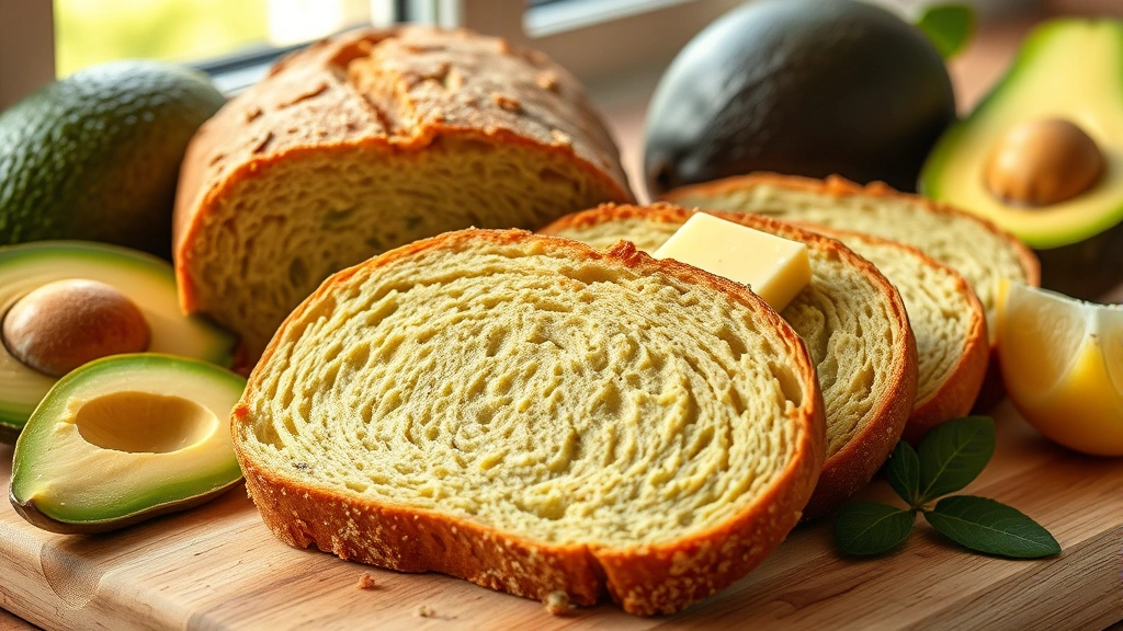 hero: freshly sliced avocado bread showing pale green crumb and tender texture, slice with butter ready to serve, surrounded by fresh avocados and lemon, warm natural window light, professional bakery photography style