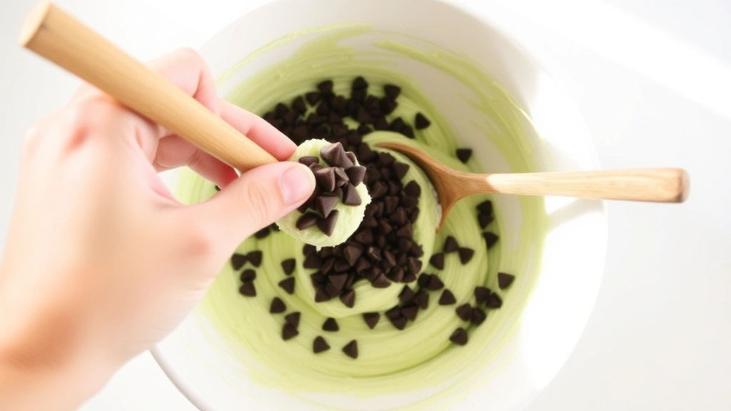 process: hand folding dark chocolate chips into pale green batter in white ceramic bowl with wooden spoon, batter partially mixed, bright natural kitchen light, overhead angle