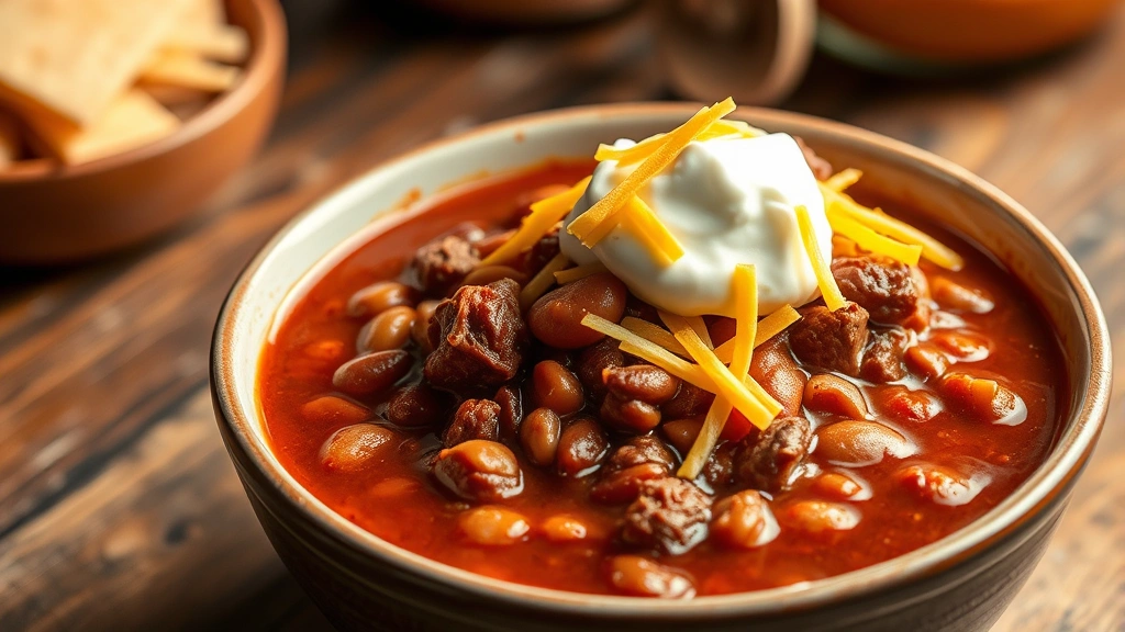 hero: steaming bowl of thick, rich chili with beef chunks and beans visible, topped with shredded cheddar cheese and sour cream, warm lighting, rustic wooden table background, no text