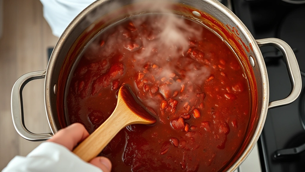 process: chef stirring large pot of chili with wooden spoon, steam rising, showing deep burgundy color and texture, natural kitchen lighting, overhead angle, no text