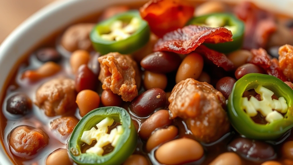 detail: close-up of chili showing tender beef pieces, kidney beans, pinto beans, and rich sauce, garnished with fresh jalapeño slices and crispy bacon, shallow depth of field, no text