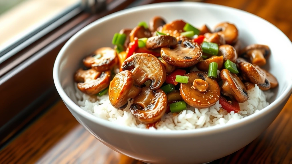hero: steaming baby bella mushroom stir-fry served over white rice in a white bowl, golden-brown caramelized mushrooms glistening with glossy sauce, colorful red and yellow bell peppers and green snap peas visible, garnished with sesame seeds and sliced green onions, warm natural window light from the side, shallow depth of field, restaurant quality, no text or watermarks
