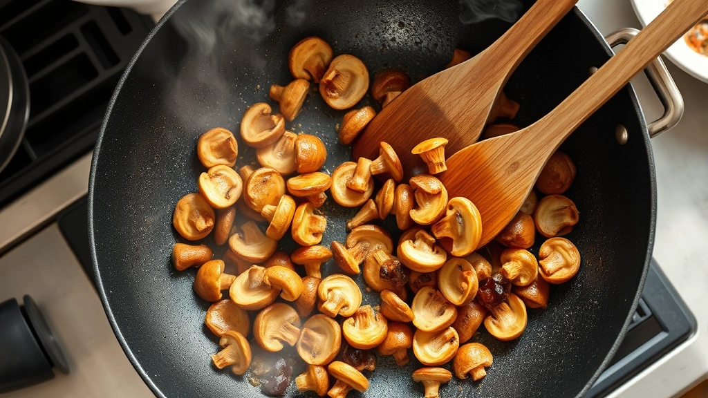 process: overhead shot of wok on high heat with mushrooms searing and caramelizing, golden-brown color developing on mushroom surfaces, vegetables being tossed with wooden cooking utensil, steam rising from hot wok, professional kitchen setup, natural daylight, no text