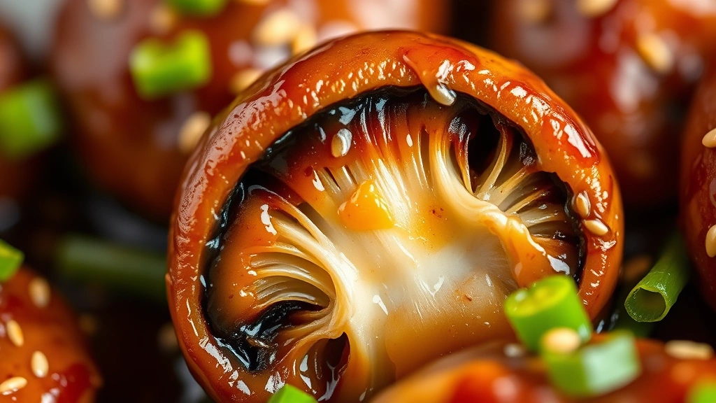 detail: extreme close-up macro shot of single perfectly caramelized baby bella mushroom half with glossy sauce coating, sesame seeds and green onion garnish visible, depth of field isolates the mushroom, warm golden lighting highlighting the sauce, professional food photography style, no text