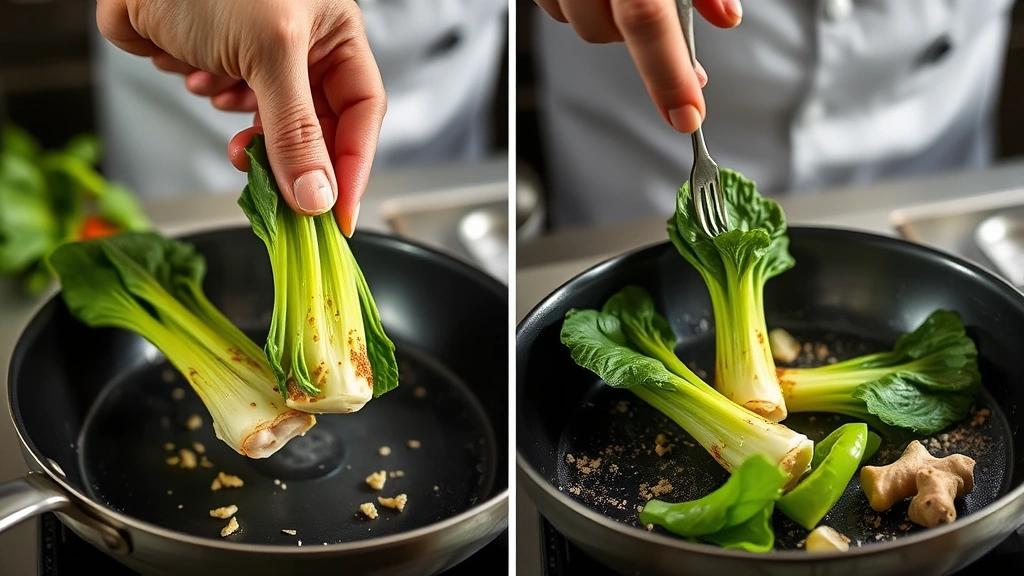 process: chef plating seared baby bok choy cut-side down in hot skillet, steam rising, garlic and ginger visible, natural kitchen lighting, no text