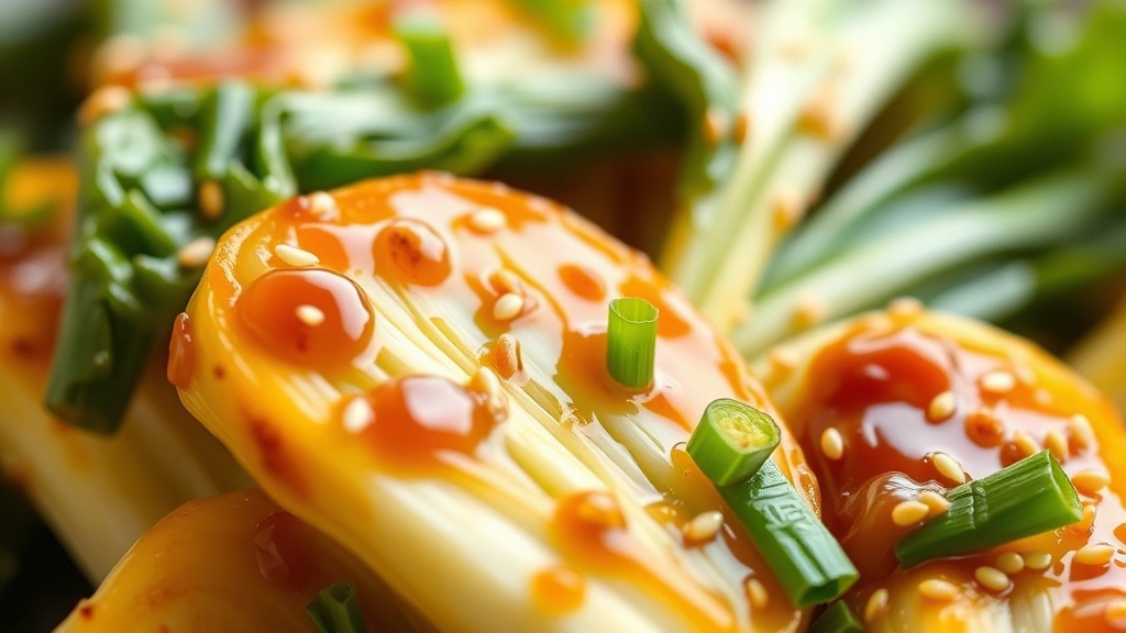 detail: close-up of golden-seared baby bok choy cut with glossy sauce coating, sesame seeds and green onions, shallow depth of field, natural light, no text