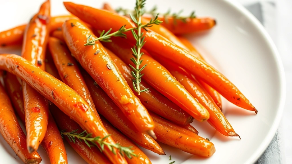 hero: roasted baby carrots with golden caramelized edges, honey-butter glaze glistening, fresh thyme sprigs, warm overhead lighting, on white plate, professional food photography, no text