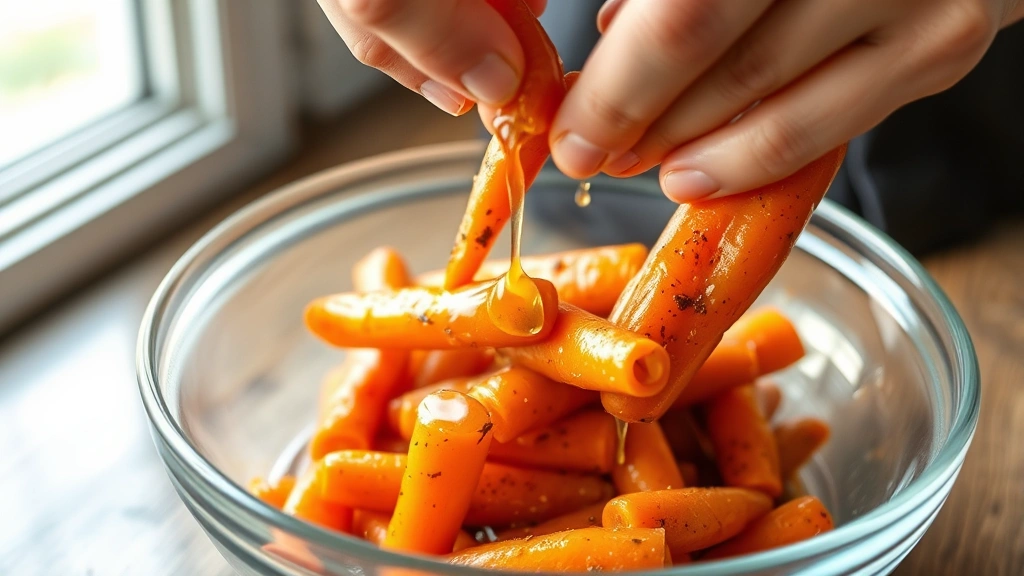 process: hands tossing baby carrots in bowl with glaze, showing texture and honey dripping, natural kitchen window light, close-up action shot, no text