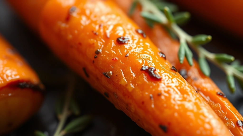 detail: macro close-up of single roasted baby carrot cross-section, caramelized cut edge, glaze coating, fresh thyme leaf, shallow depth of field, warm natural light, no text