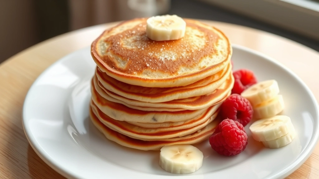 hero: stack of soft golden-brown pancakes cut into strips on a white plate, fresh banana slices and raspberries beside them, natural morning light from window, no text or watermarks