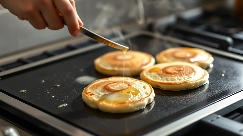 process: hands flipping golden pancakes on a non-stick griddle, steam rising, coconut oil glistening, shallow depth of field, natural kitchen lighting, no text