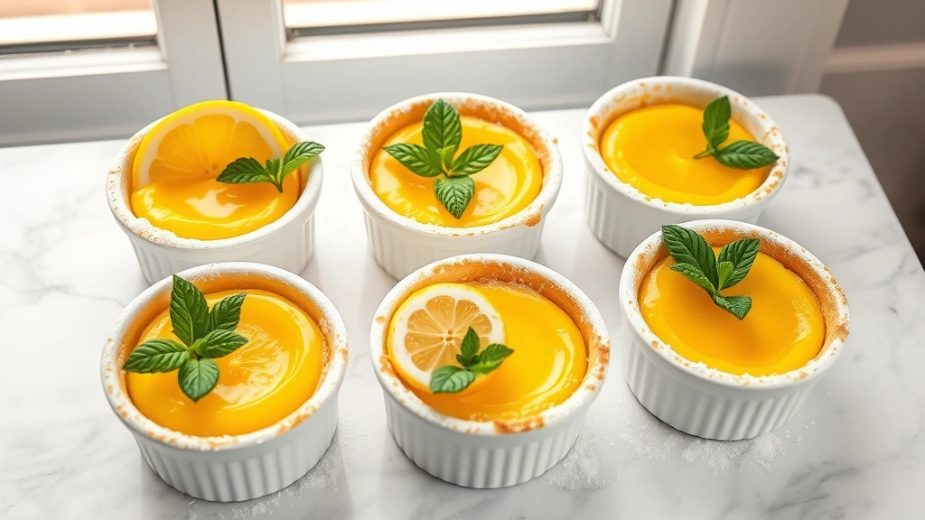 hero: six golden baby lemon impossible pies in white ramekins dusted with powdered sugar, garnished with fresh lemon slices and mint, warm natural window light, on a white marble surface, photorealistic, no text