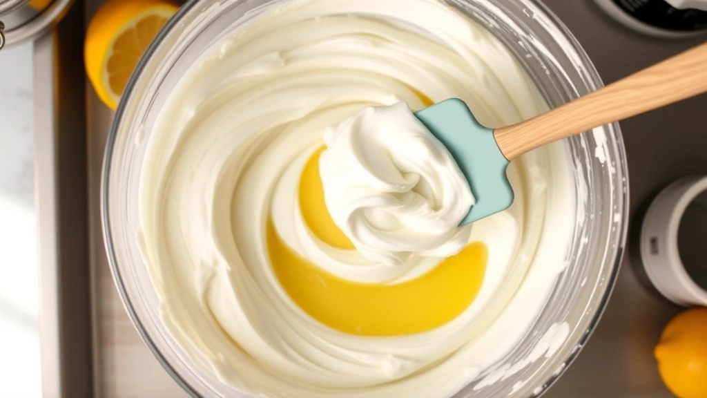 process: folding fluffy lemon meringue batter with rubber spatula, egg whites being gently incorporated, overhead shot, natural daylight, professional kitchen, photorealistic, no text