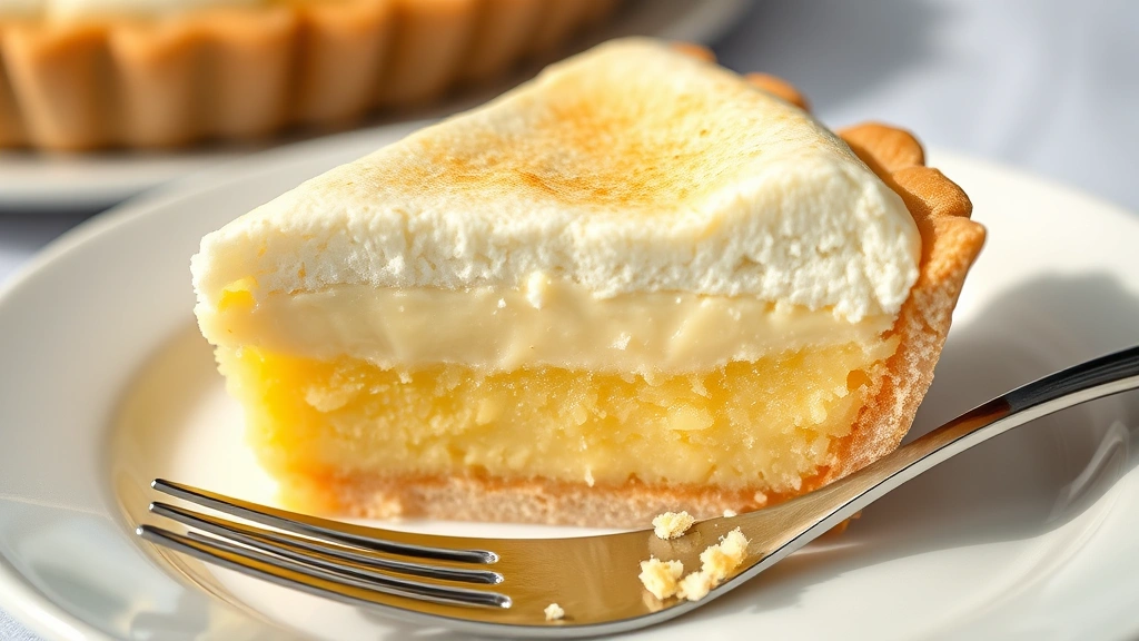 detail: close-up cross-section of single baby lemon impossible pie showing distinct cake layer bottom, creamy custard middle, and fluffy sponge top, on white plate with fork, natural light, photorealistic, no text