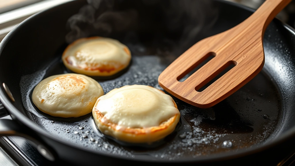 process: close-up of small pancakes cooking on a non-stick skillet with a wooden spatula flipping one, steam rising gently, natural kitchen window light, no text or watermarks