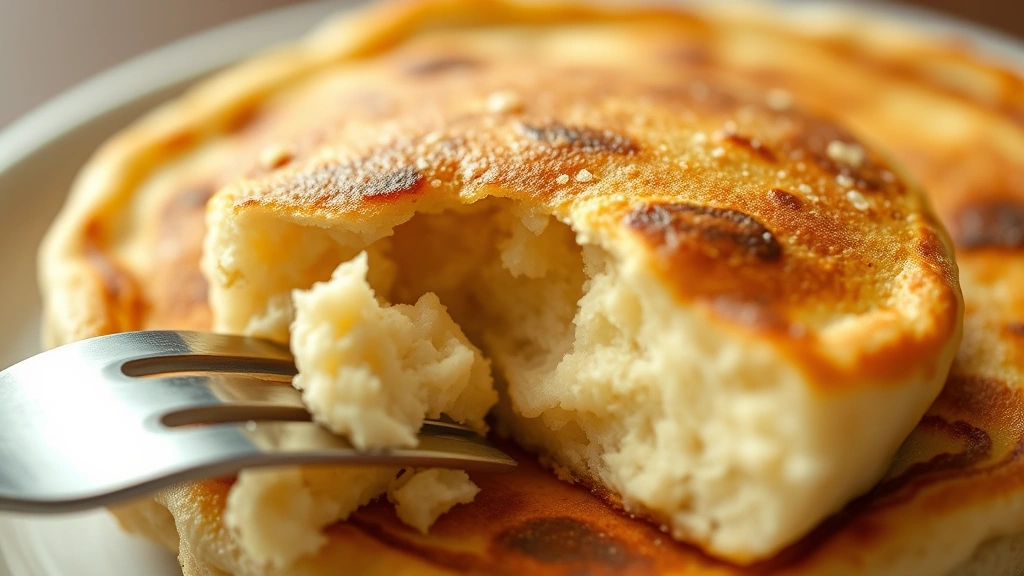 detail: extreme close-up of one cut mini pancake showing the fluffy interior texture with a fork beside it, soft natural light highlighting the tender crumb structure, no garnish or text